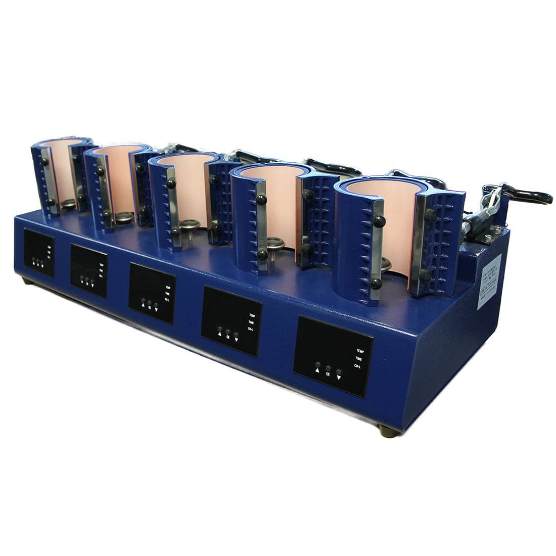 Blue electronic mug press with multiple components on a white background