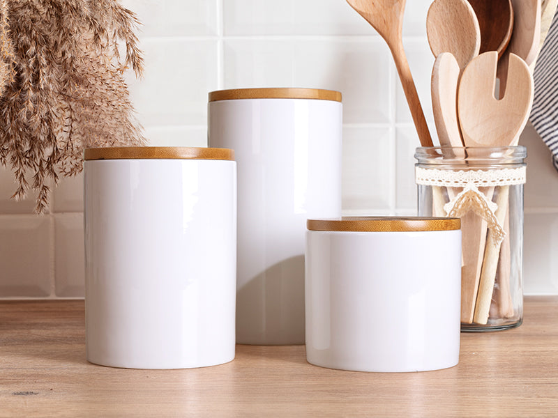 Pearl Coating™ Sublimation Ceramic Storage Jar with Bamboo Lid - Pack of 3 - Joto Imaging Supplies Canada