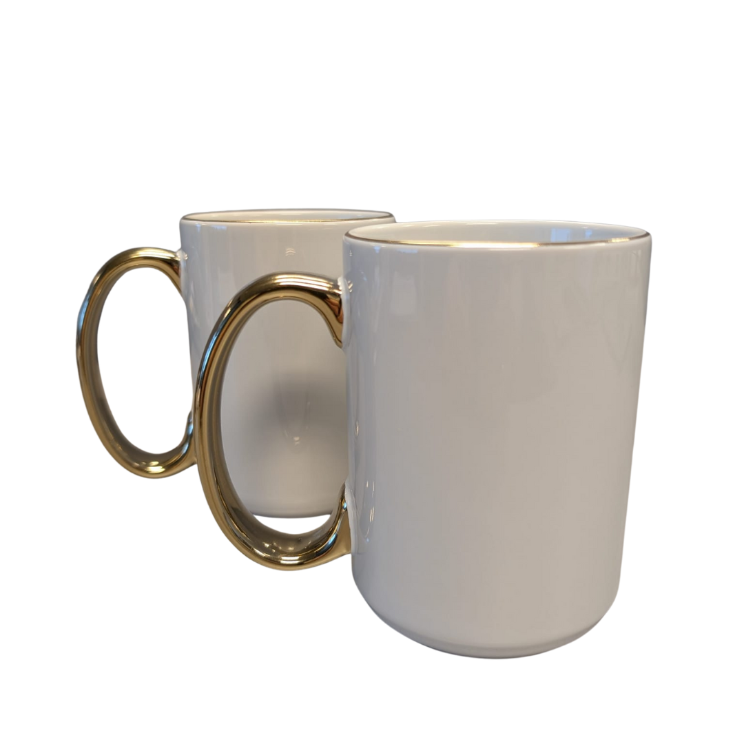 two 15oz Sublimation Gold Rim and Handle White Mug