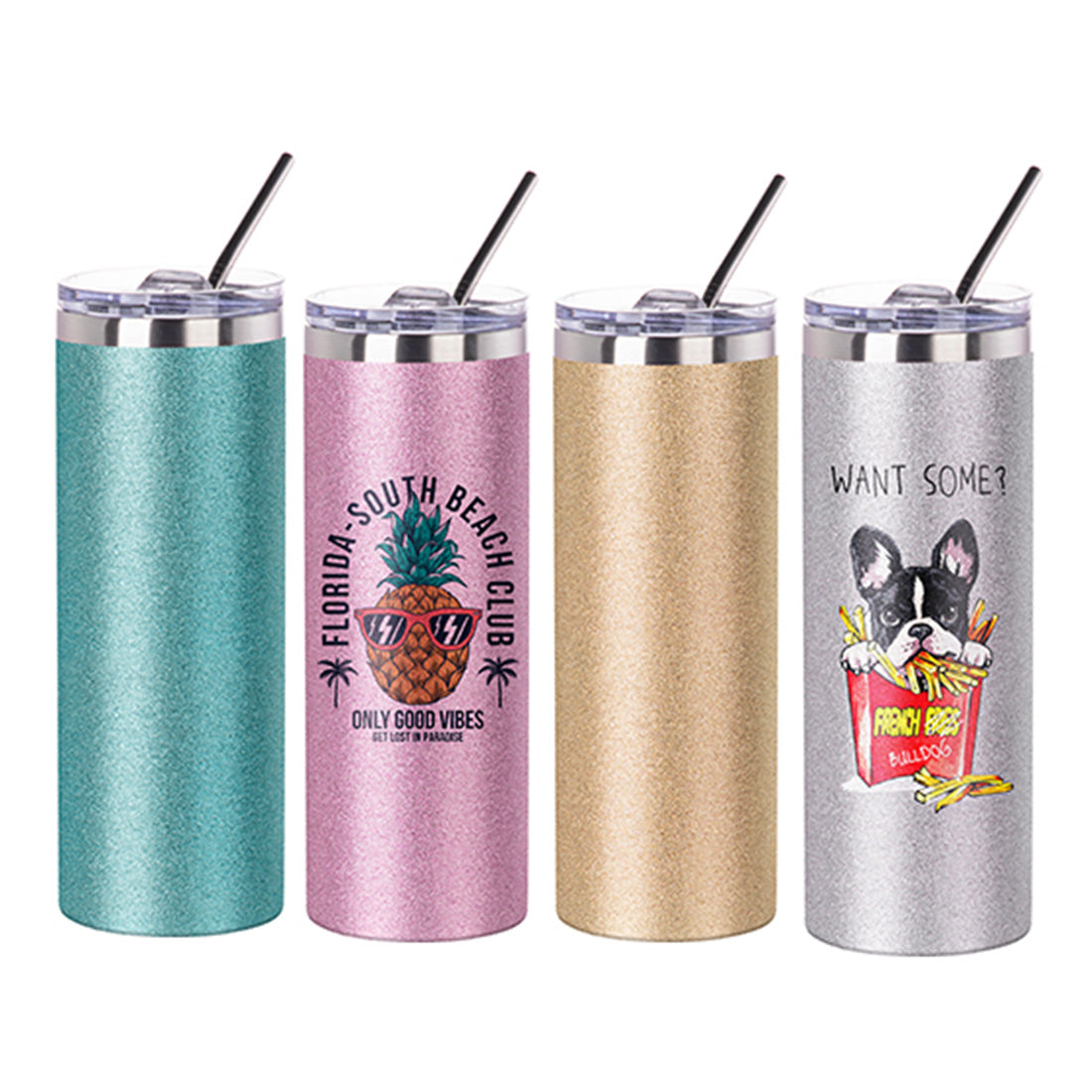 Pearl Coating™ 20oz/600ml Sublimation Glitter Stainless Steel Silver Skinny Tumbler with Straw & Lid - Pack of 5 - Joto Imaging Supplies Canada