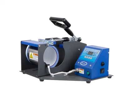 Blue and black machine with digital display on a white background